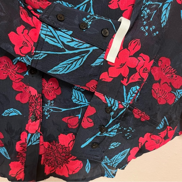 ZARA Navy Red Floral Button Front Blouse Top Shirt size M - Picture 3 of 4